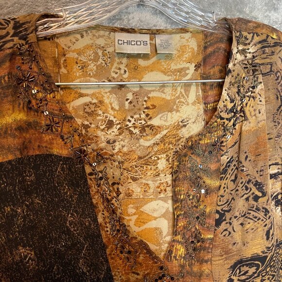 Chicos 1 Women Silk Linen Beaded Mixed Media Aztec V Neck Long Sleeve Top M - Picture 6 of 14